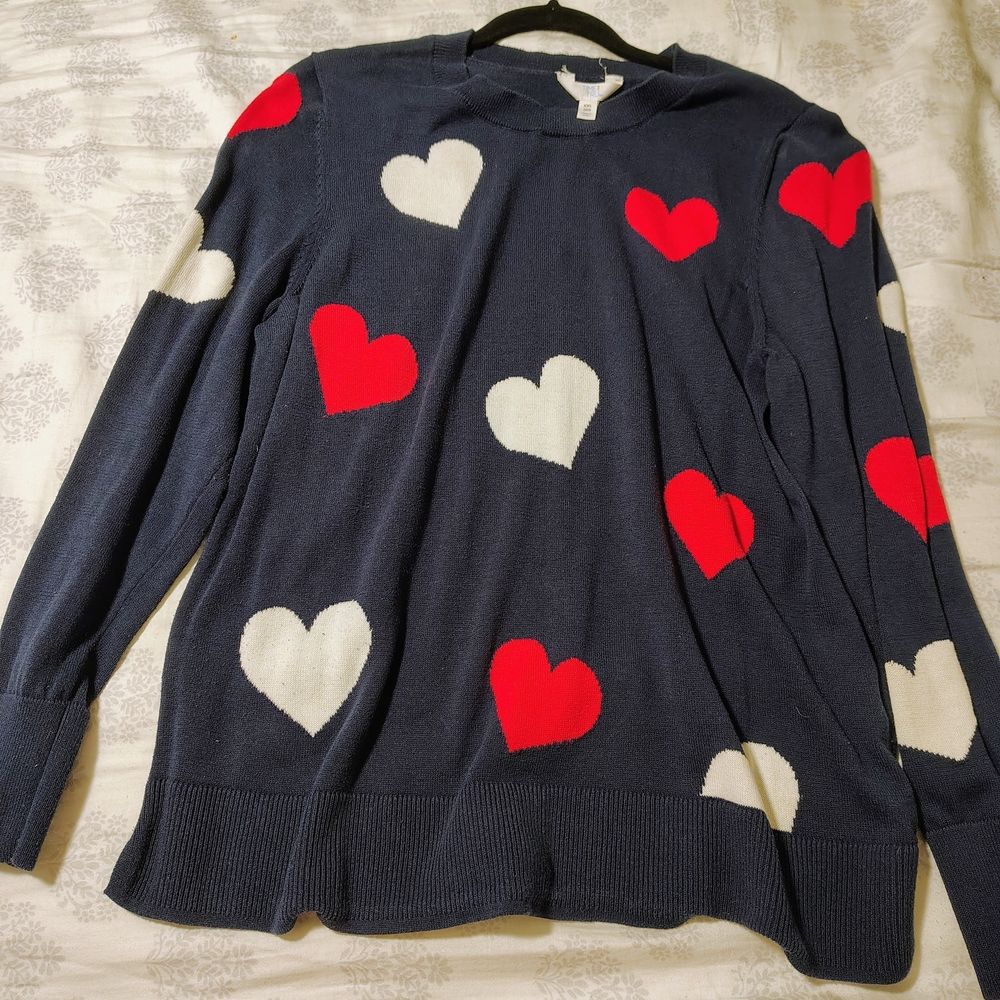 Navy Sweater with Red and White Heart Pattern